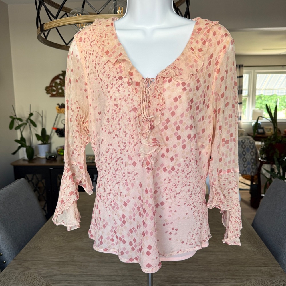 NY City Design Co Pink Silk Fairy Ruffle V-Neck Blouse Bell Sleeve Cottagecore M
